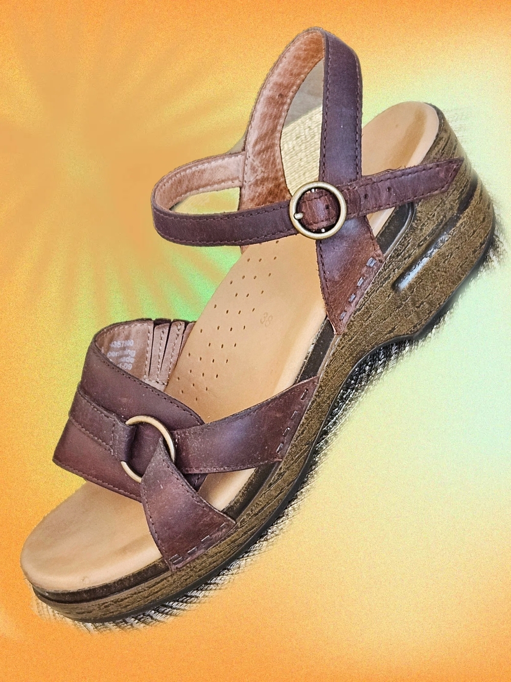 Dansko Brown Leather Wedge Sandal with Buckle Detail
